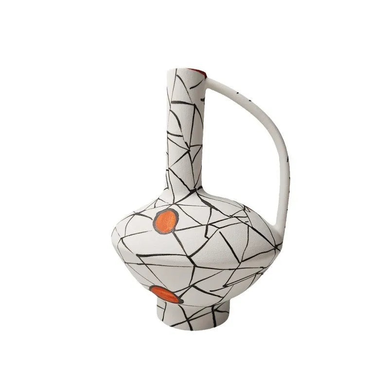 Afralia™ Geometric Line Ceramic Vase with Fringe Decoration