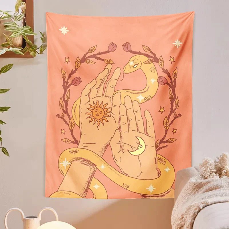 Afralia™ Sun Moon Snake Tapestry Wall Hanging Retro Boho Decor Art