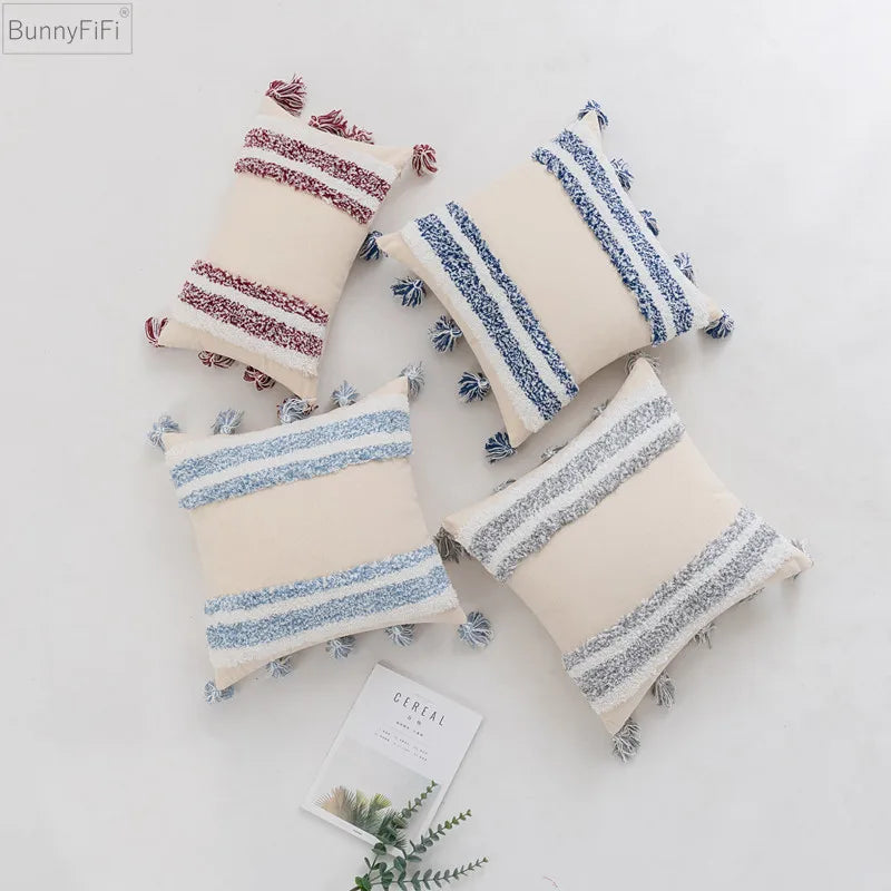 Afralia™ Blue Grey Stripe Tufted Cushion Cover 45x45cm/30x50cm for Home Decoration