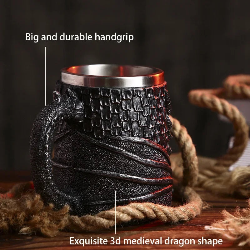 Afralia™ Medieval Dragon Skull Beer Mug 600ml Stainless Steel Tankard Pub Bar Decor