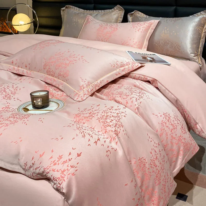 Afralia™ Silk-Cotton Jacquard Bedding Set in Nude, Single/Double Size Soft Bedclothes