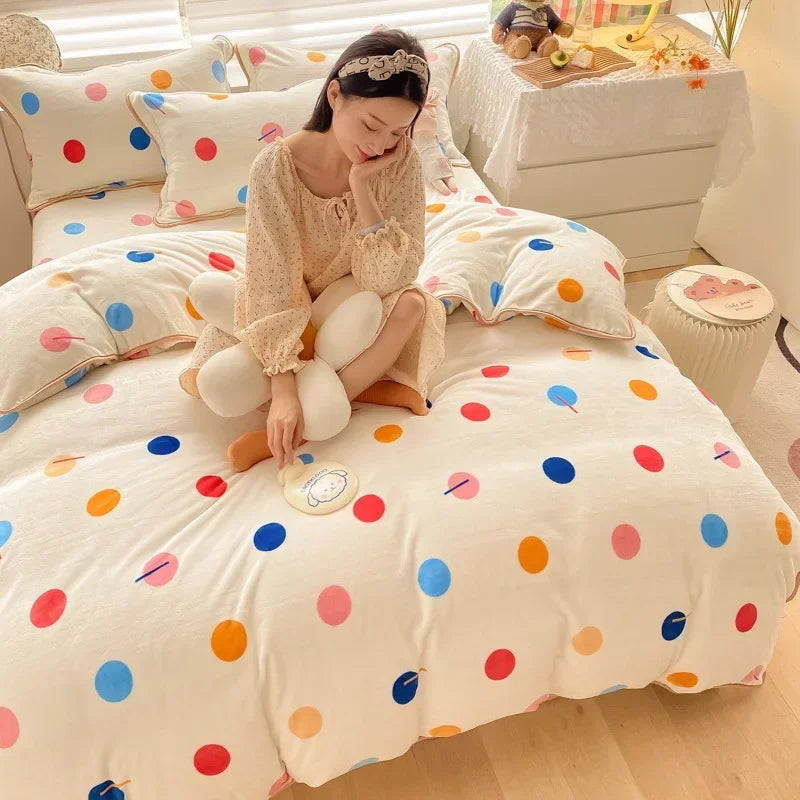 Afralia™ Polka Dot Milk Velvet Queen Bedding Set with Sheets & Pillowcases