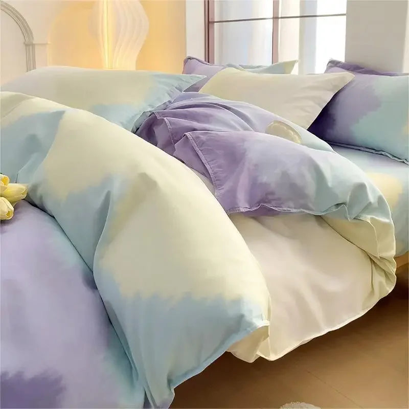 Afralia™ Twill Fabric Bed Sheet Set: Double-Sided Color Blocking, Flower Print Quilt Cover