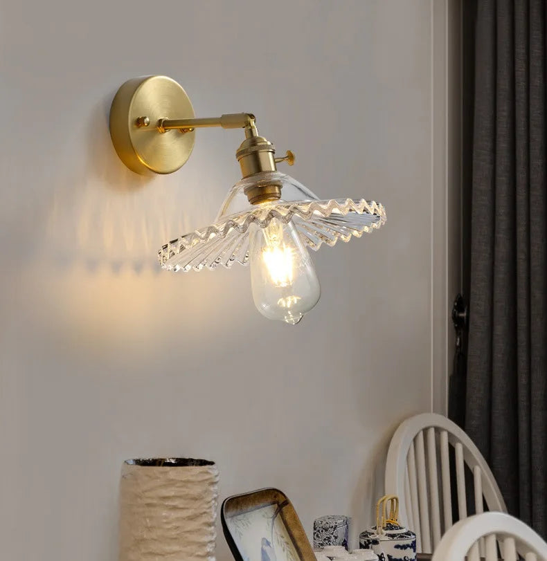 Afralia™ Clear Brass Glass LED Wall Lamp Pull Chain for Living Room Bedroom Loft