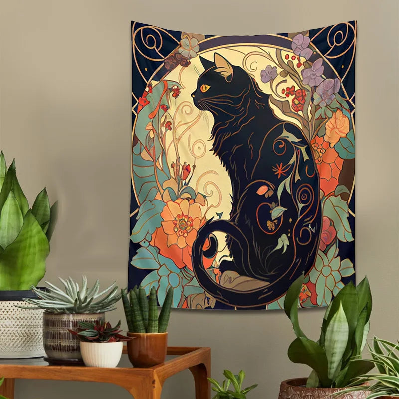 Afralia™ Black Cat Tapestry Wall Hanging - Psychedelic Floral Art for Cat Lovers