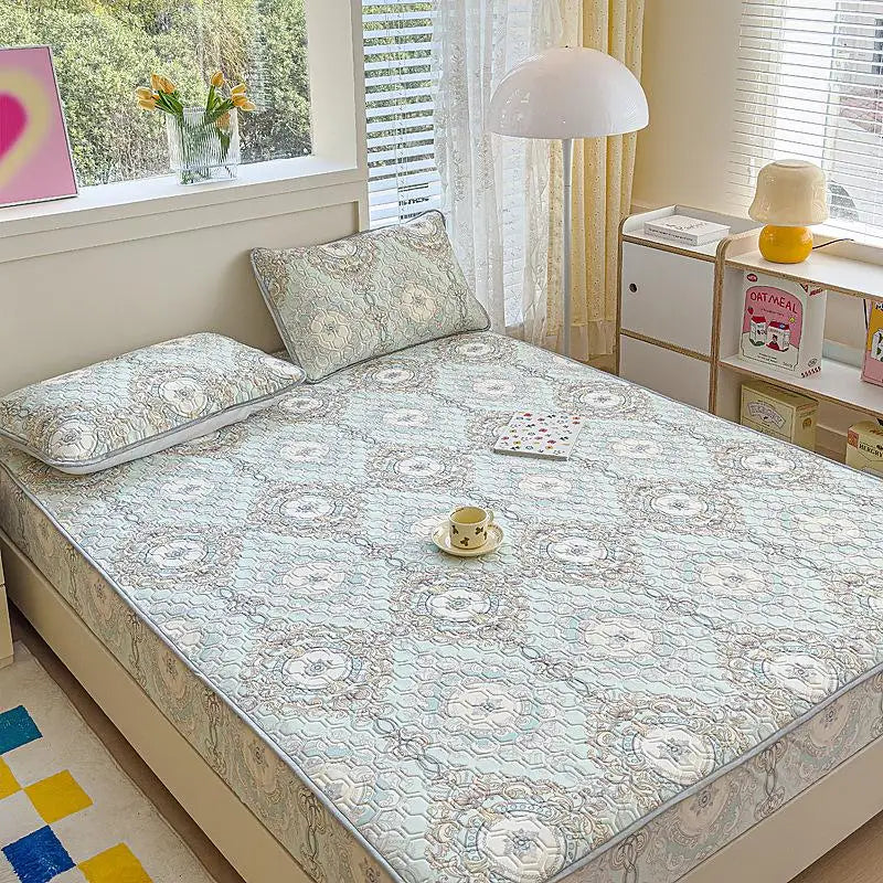 Afralia™ Cool Silk Latex Fitted Sheet Set with Pillowcases, Summer Ice Silk, Single Double Bed