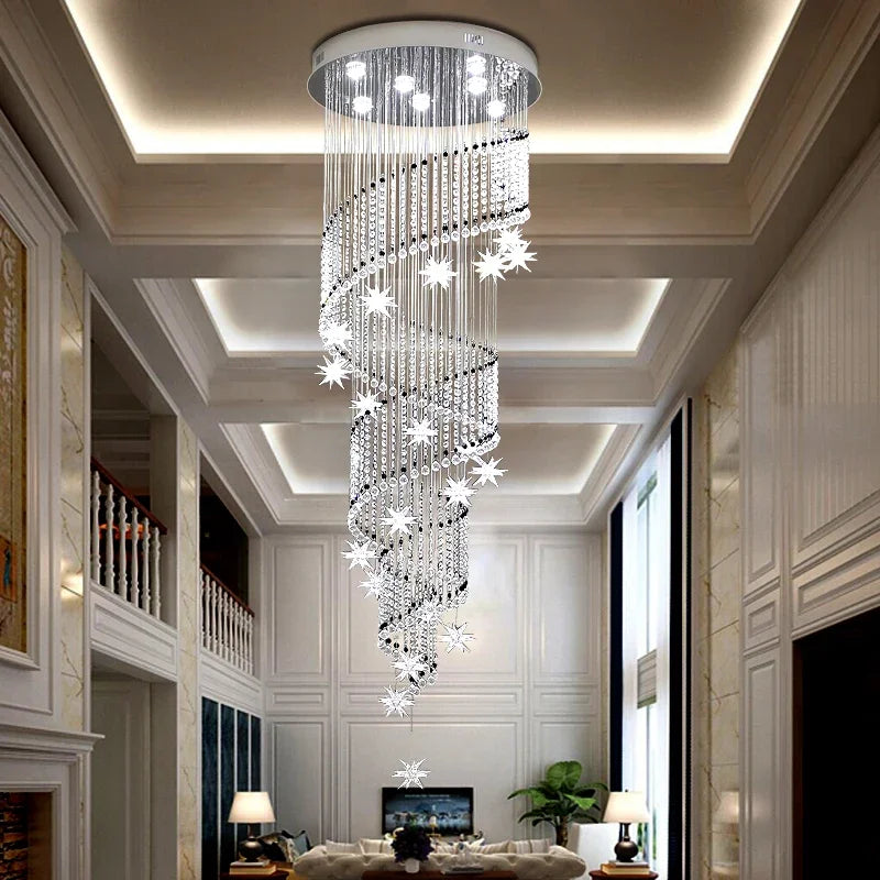 Afralia™ Spiral Moon & Star Crystal Chandelier: Modern Lobby & Stair Lighting Option