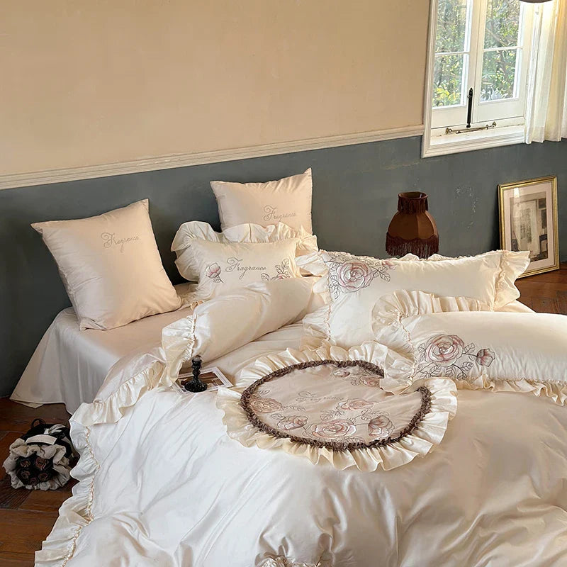 Afralia™ Luxe Rose Flowers Embroidery Bedding Set 1000TC Egyptian Cotton Queen King