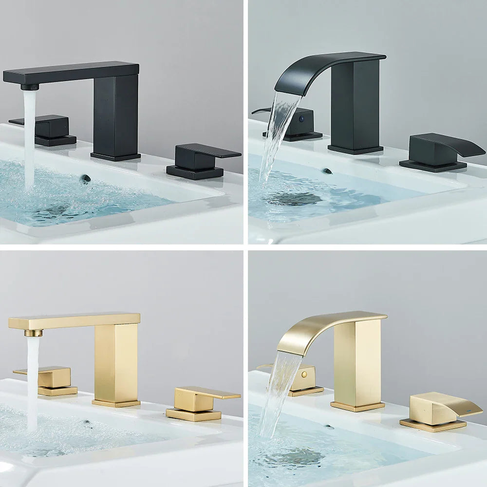 Afralia™ Brushed Gold Black Dual Handle Waterfall Bathroom Sink Faucet, Deck Mounted
