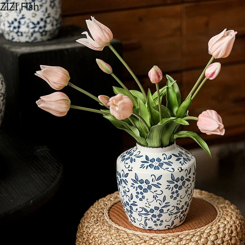 Afralia™ Blue White Porcelain Vase Hydroponic Ceramic Flower Pot Room Decor