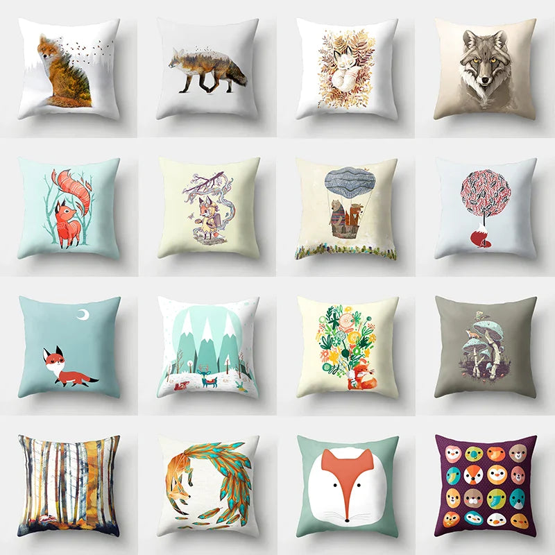 Fox Animal Sofa Pillowcase by Afralia™ - Cartoon Bird Landscape Design for Home Decoration