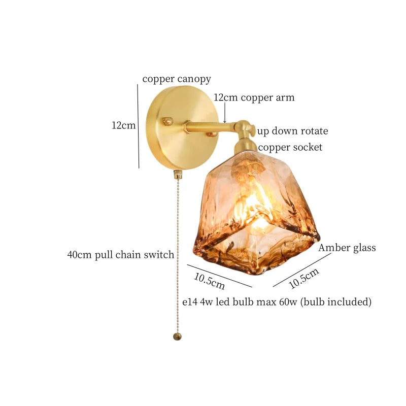 Afralia™ Glass LED Wall Sconce Bedroom Loft Bathroom Stair Light Pull Chain Copper