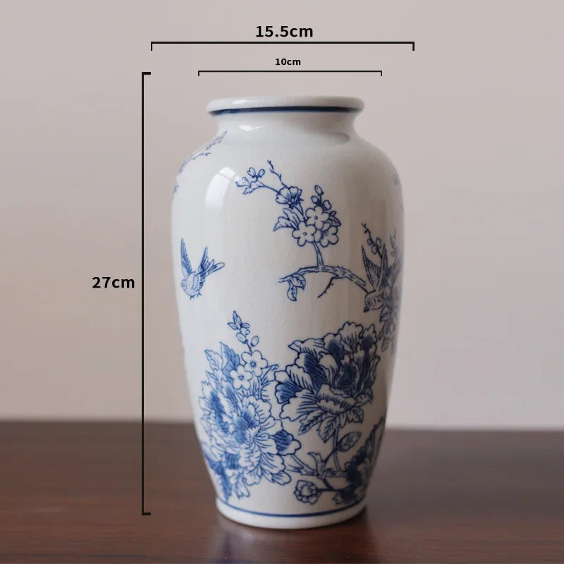 Afralia™ Blue White Porcelain Vase Vintage Ceramic Flower Home Decor Jar