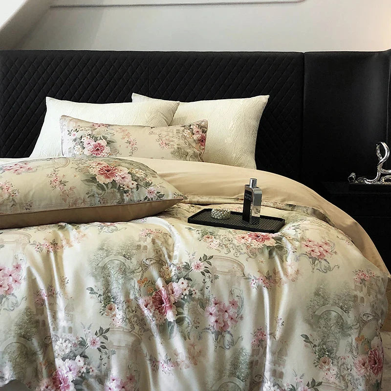 Afralia™ 1000TC Vintage Flowers Print Bedding Set with Duvet Cover, Sheet, Pillowcases