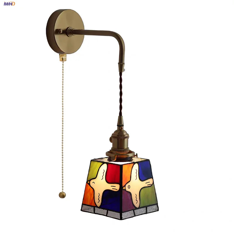 Afralia™ Tiffany Style Peace Dove Glass Wall Sconce LED Lamp with Adjustable Wire and Pull Chain Switch.