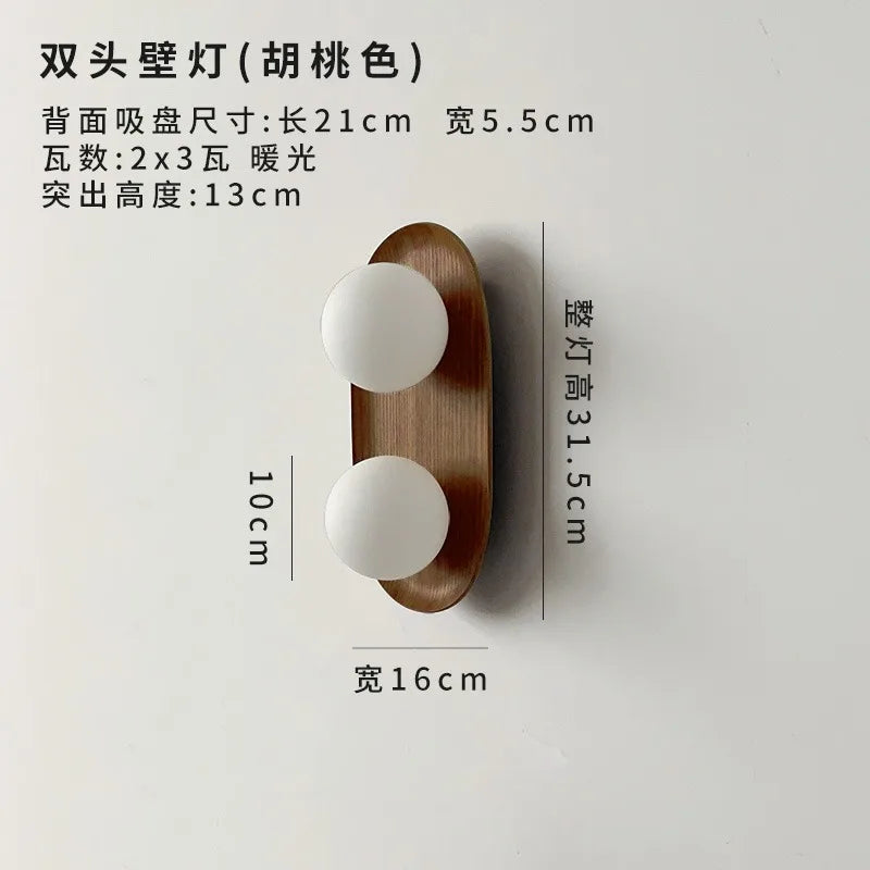 Afralia™ Round Glass LED Wall Lamp Double Head Solid Wood Minimalist Designer