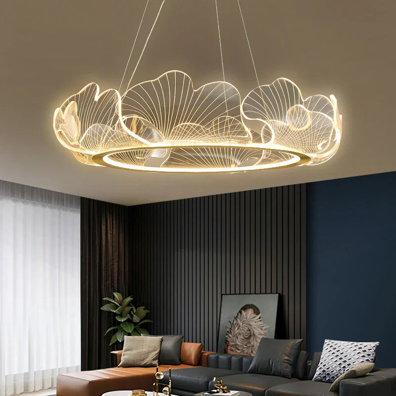 Afralia™ Ginkgo Acrylic LED Pendant Chandelier Light, Gold Metal, Dimmable, Modern Minimalism