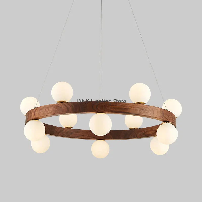 Afralia™ White Glass Ball Walnut Pendant Chandelier for Living Dining Room