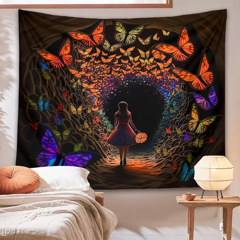 Afralia™ Psychedelic Girl Tapestry Wall Hanging Butterfly Cave Boho Colorful Decor