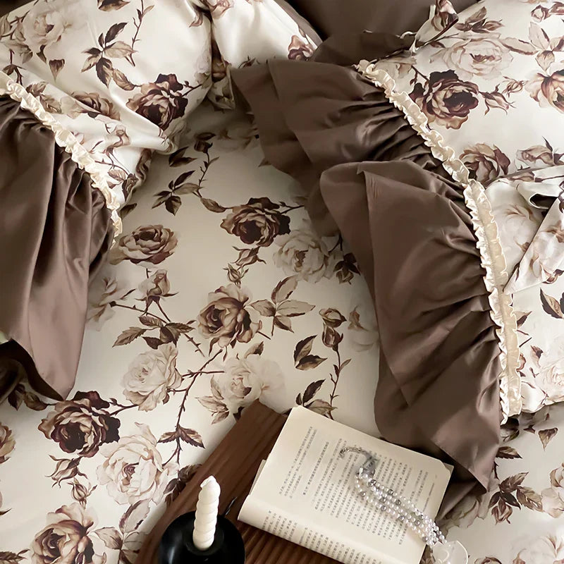 Afralia™ Brown Vintage Flowers Bedding Set - 4 Piece Collection