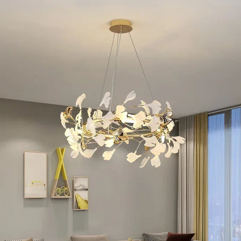 Afralia™ Nordic Ginkgo Branch Leaf Ceiling Chandelier Pendant Lamp for Living Room Home Decor