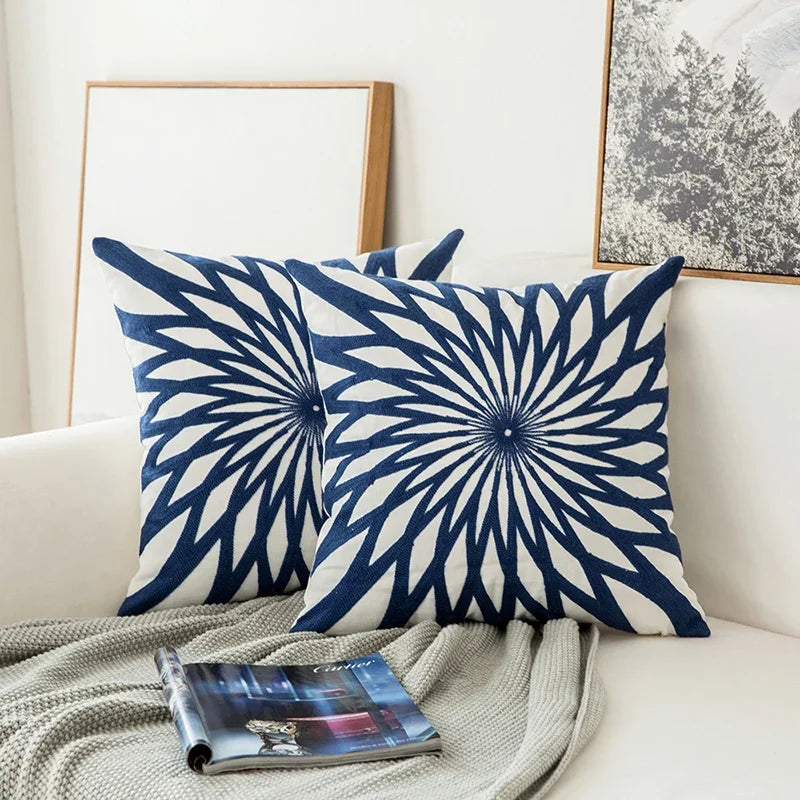 Afralia™ Navy Blue/White Geometric Floral Embroidered Cotton Cushion Cover 45x45cm