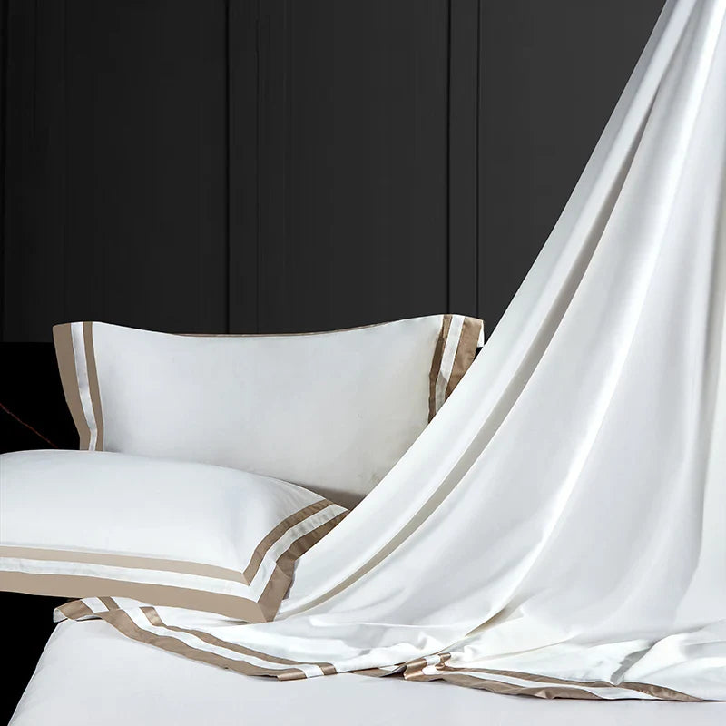 Afralia™ Luxury White Gray Hotel Style Embroidery Bedding Set, Silky Soft 1400TC Egyptian Cotton