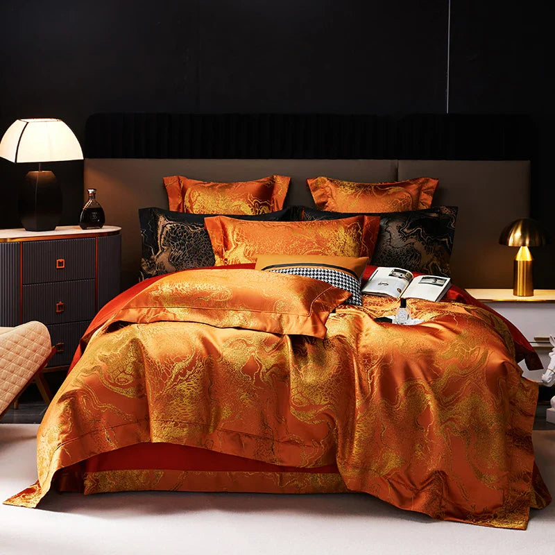 Afralia™ Satin Jacquard Bedding Set, Egyptian Cotton, Soft Silky Duvet, Sheet, Pillowcases