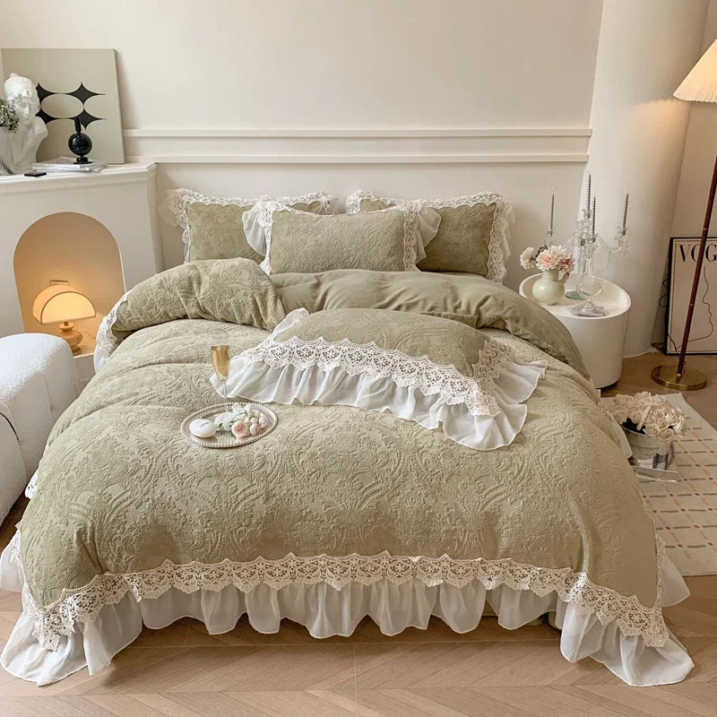 Afralia™ French Lace Ruffles Velvet Bedding Set, Furry Duvet, Sheet, Pillowcases