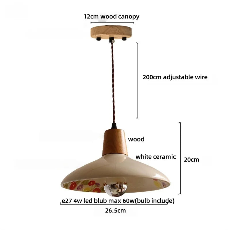 Afralia™ Brown Wood LED Pendant Light - Nordic Modern White Ceramic Hanging Lamp