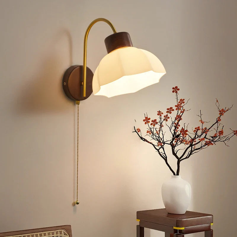 Afralia™ LED Wall Sconce Pull Chain Switch Modern Stair Lights Glass Wood