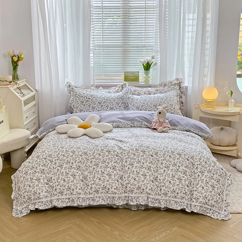 Afralia™ Princess Floral Cotton Bedding Set with Ruffled Edge