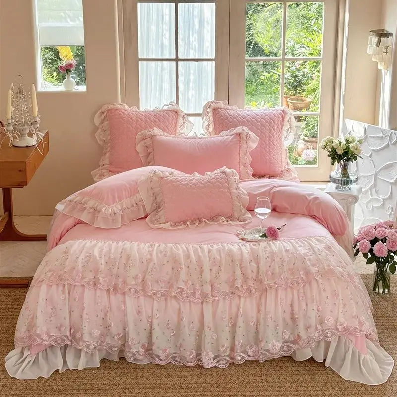 Afralia™ Winter Velvet Princess Bedding Set with Lace Ruffles and Quilted Bed Skirt