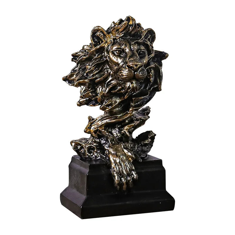 Afralia™ Lion Head Resin Statue Vintage Animal Imitation Bronze Home Office Decor