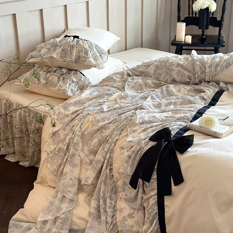 Afralia™ Lace Ruffles Bow Princess Bedding Set: Egyptian Cotton Duvet Cover, Bedskirt, Bedspread, Pillowcases