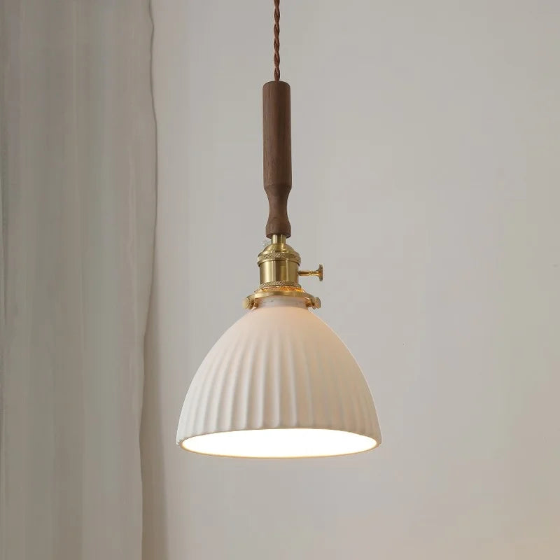 Afralia White Ceramic LED Pendant Light with Walnut Wood Accent - Modern Nordic Design