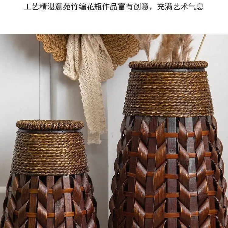 Afralia™ Bamboo Woven Vase Rattan Flower Glass Arrangement Dried Flower Basket Living Room Decor