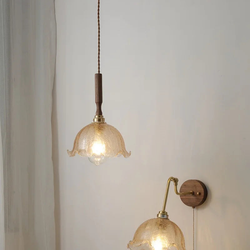 Afralia™ Amber Glass LED Pendant Lamp with Walnut Wood Accent - Modern Nordic Hanging Light