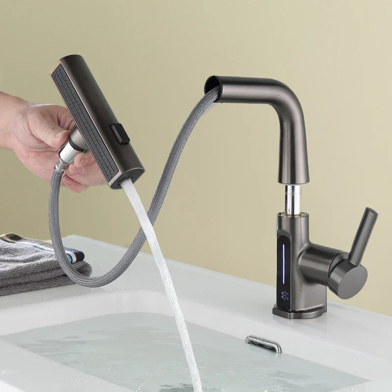 Afralia™ Temperature Digital Display Basin Faucet Pull Out Mixer Tap for Bathroom