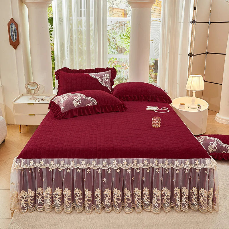 Afralia™ Princess Burgundy Red Velvet Bedding Set - Duvet Cover, Bed Skirt, Bedspread, Pillowcases