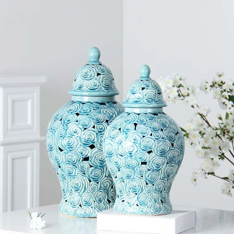 Afralia™ Checkmate Porcelain Ginger Jar with Rose Relief, Storage & Vase