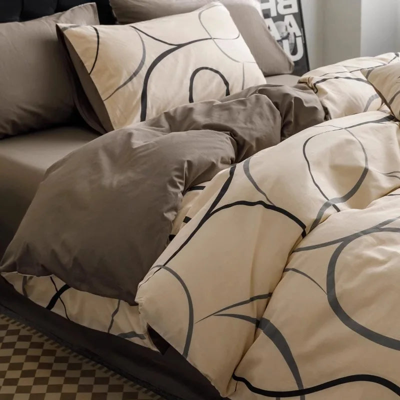 Afralia™ Pure Cotton Striped Bedding Set Duvet Cover Fitted Sheet Kit for Single/Double