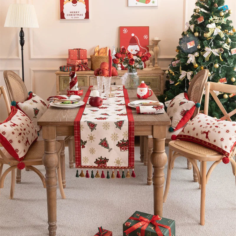 Afralia™ Christmas Cartoon Jacquard Table Runner with Embroidered Tassel - Festive Dining Room Decor