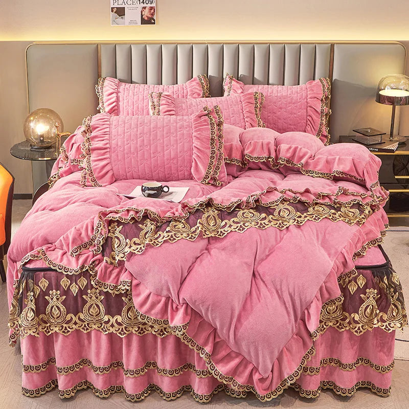 Afralia™ Velvet Bedding Set with Gold Lace Ruffles, Removable Bed Skirt & Pillowcase