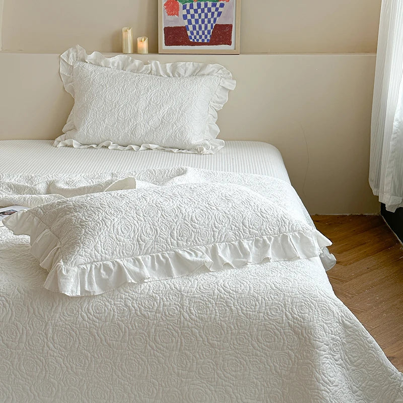 Afralia™ Rose Flower Bed Cover Set: Quilted Washed Cotton with Lace Ruffles, Two-Sided Design
