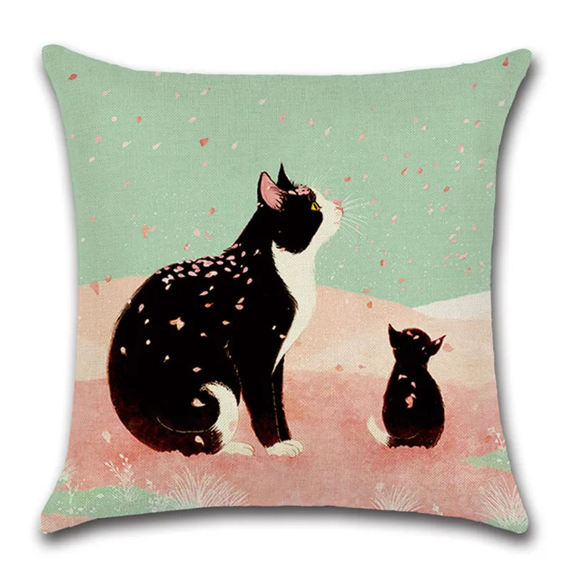 Afralia™ Yellow Umbrella Cat Linen Cushion Cover 45x45cm Cute Cat Pillow Covers