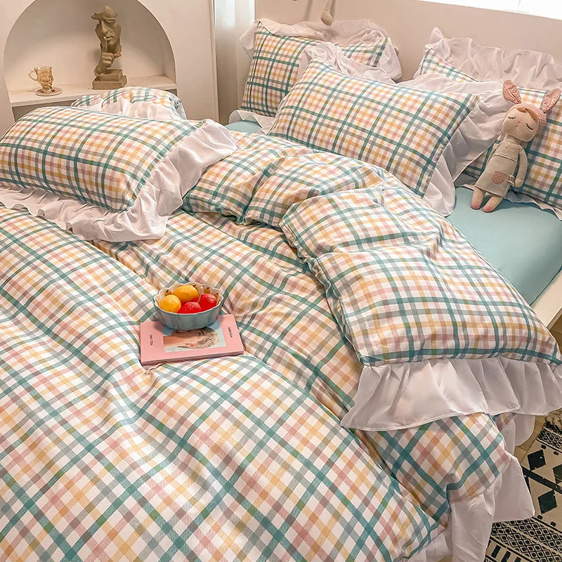 Afralia™ Princess Style Ruffles Duvet Cover Set with Flower Print and Pillow Case
