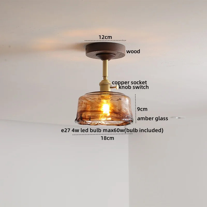 Afralia™ Amber Glass LED Ceiling Light Modern Wood Canopy Kids Room Fixture