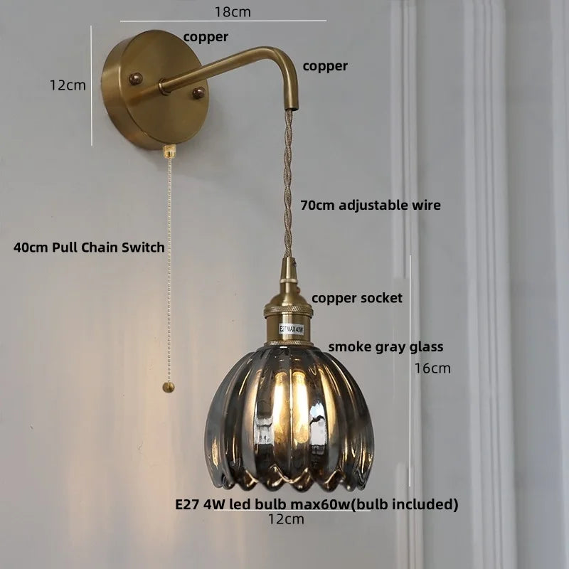 Afralia™ Smoke Gray Glass LED Wall Light: Minimalist Design, Pull Chain Switch, Hallway Fixture