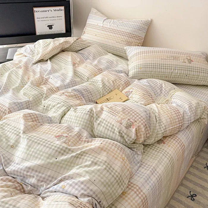 Afralia™ Cotton Grid Bedding Set - Soft & Stylish Bed Sheet, Quilt Cover Kit